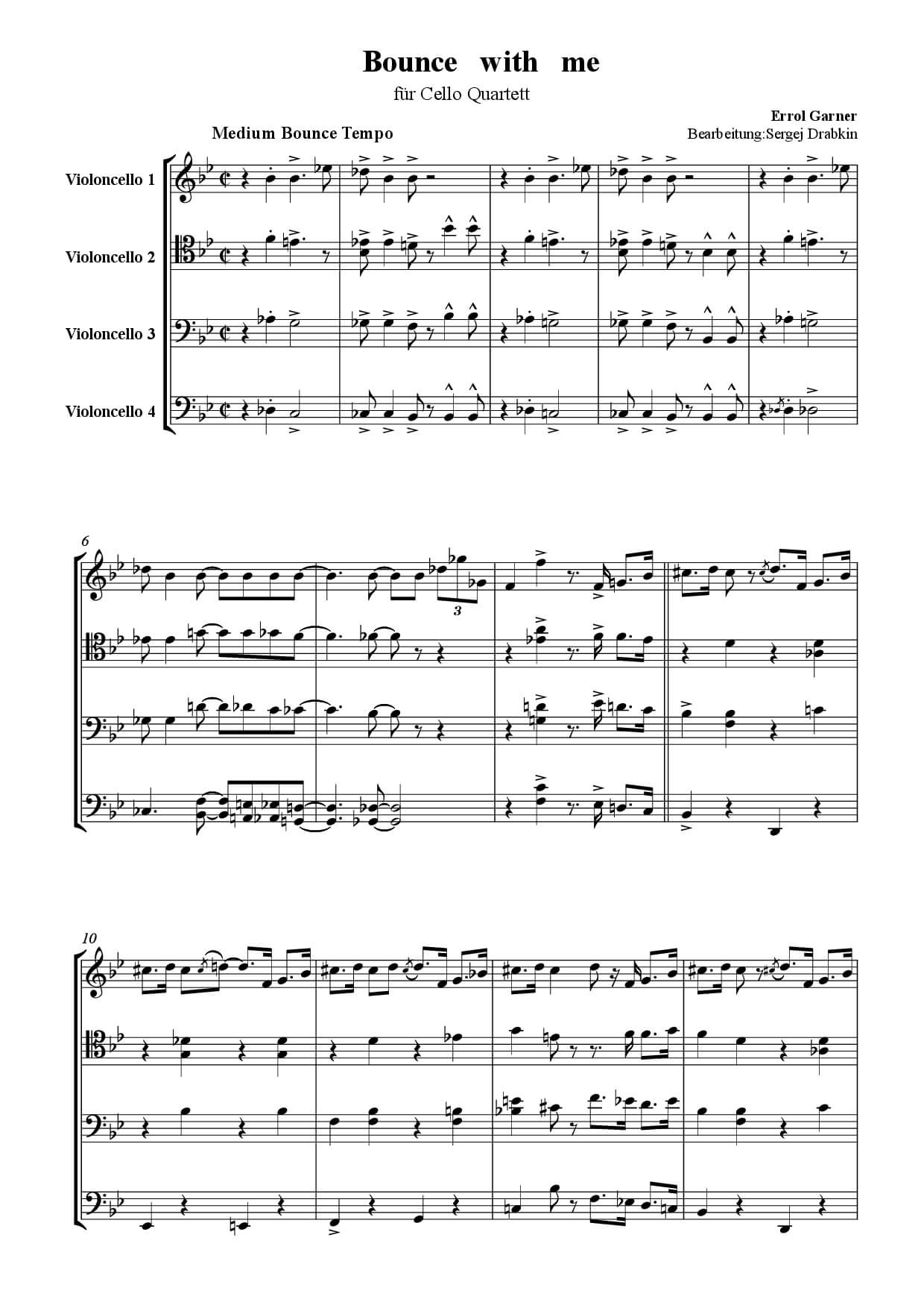 Musiknoten für Cello Quartett aus dem Stück Bounce with me von Garner, Erroll