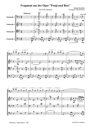 Musiknoten für Cello Quartett aus dem Stück Fragment aus der Oper Porgy und Bess  von Gershwin, George 