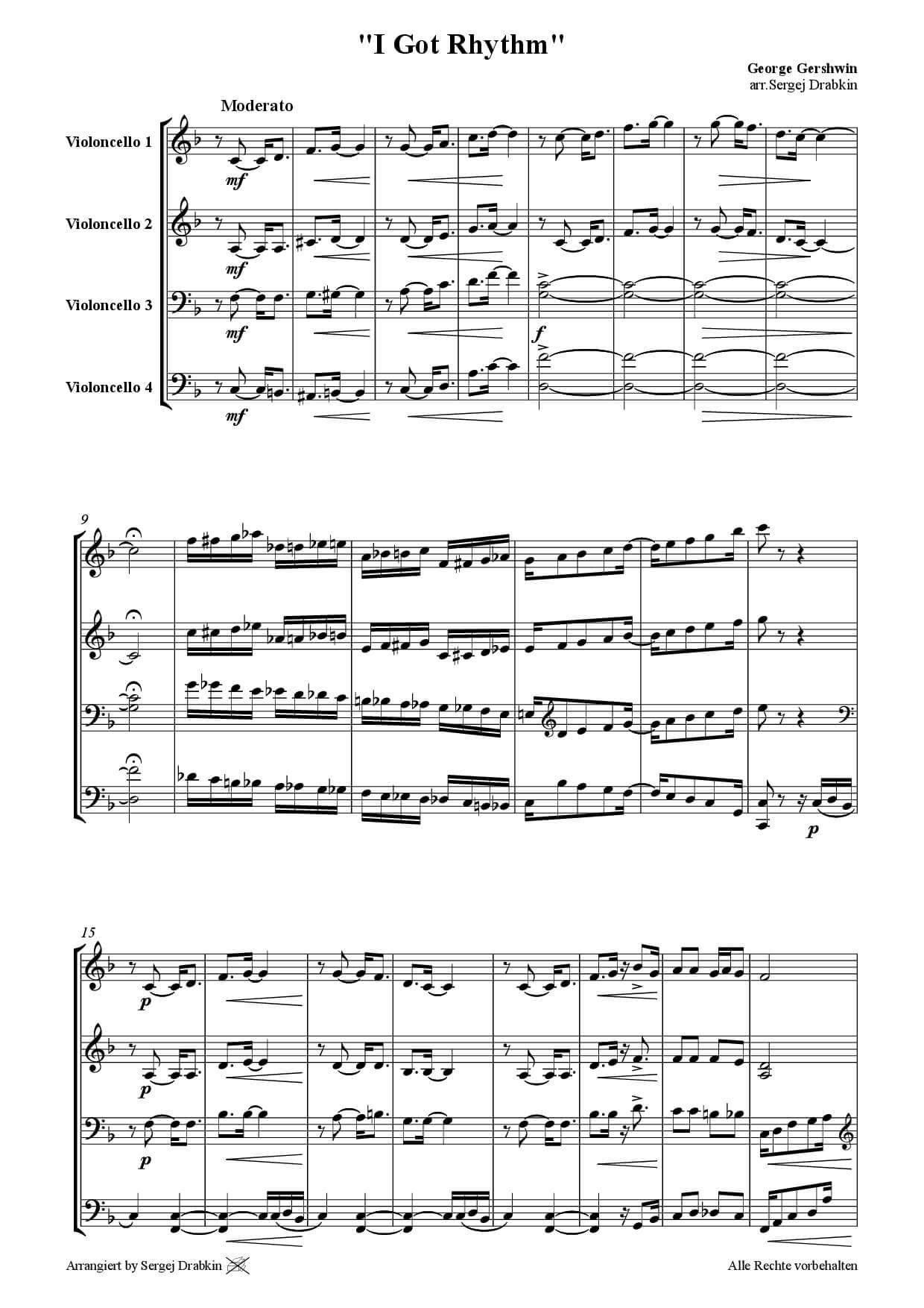 Musiknoten für Cello Quartett aus dem Stück I Got Rhythm von Gershwin, George