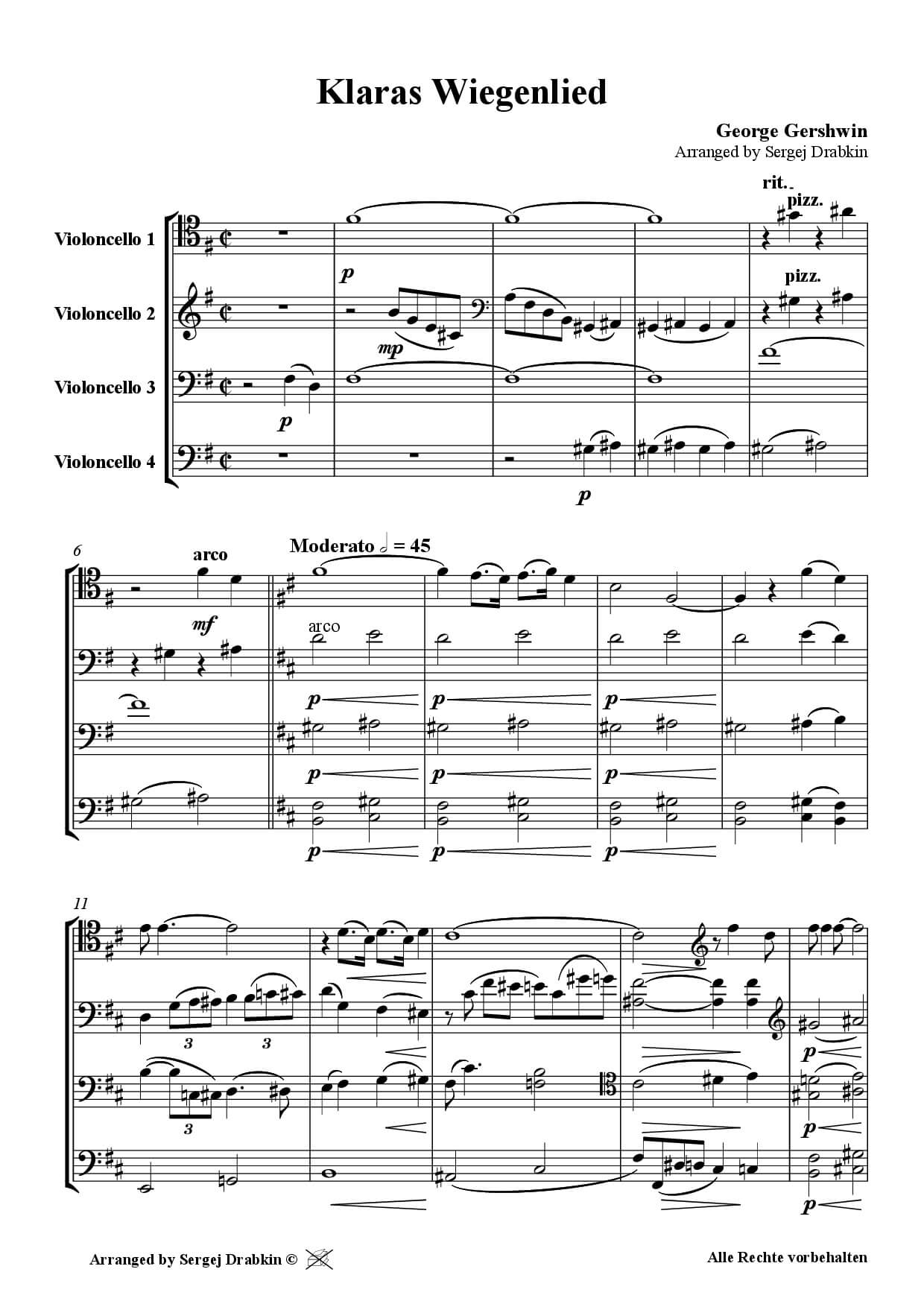 Musiknoten für Cello Quartett aus dem Stück Klaras Wiegenlied von Gershwin, George