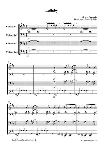 Musiknoten für Cello Quartett aus dem Stück Lullaby von Gershwin, George