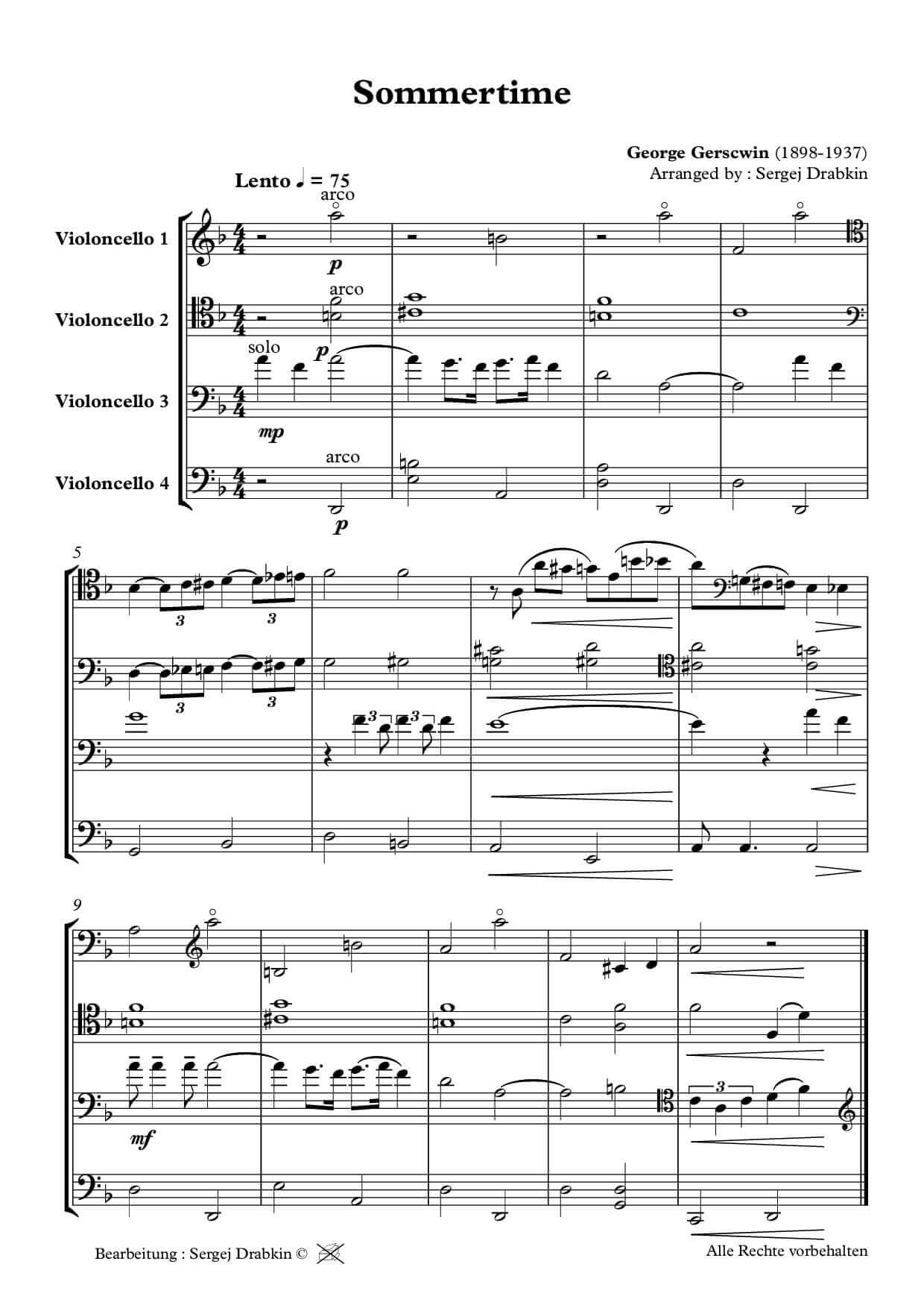 Musiknoten für Cello Quartett aus dem Stück Summertime von Gershwin, George