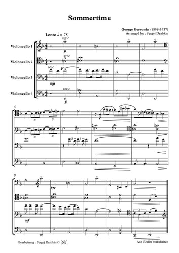 Musiknoten für Cello Quartett aus dem Stück Summertime von Gershwin, George