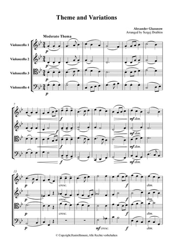 Musiknoten für Cello Quartett aus dem Stück Theme and Variations von Glasunow, Alexander