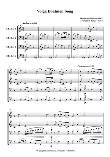 Musiknoten für Cello Quartett aus dem Stück Volga Boatmen Song, Op.97 von Glasunow, Alexander