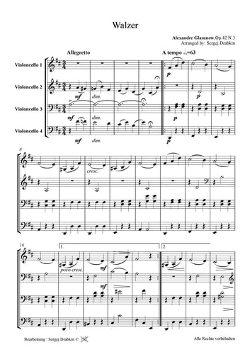 Musiknoten für Cello Quartett aus dem Stück Walzer Op.42 No.3 von Glasunow, Alexander