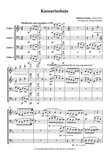 Musiknoten für Cello Quartett aus dem Stück Kamarinskaya von Glinka, Michail