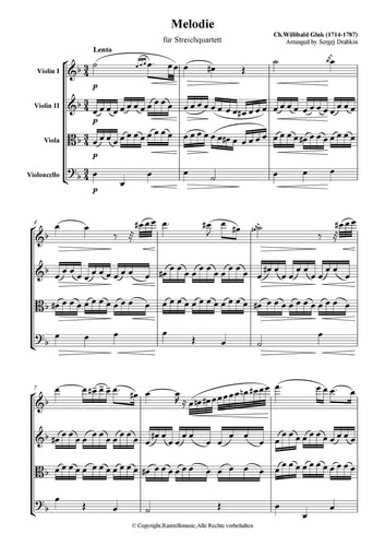 Musiknoten für Cello Quartett aus dem Stück Melodie von Gluck, Christoph Willibald