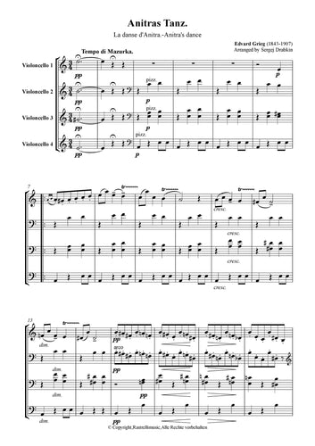 Musiknoten für Cello Quartett aus dem Stück Anitras Tanz Op.46 von Grieg, Edvard