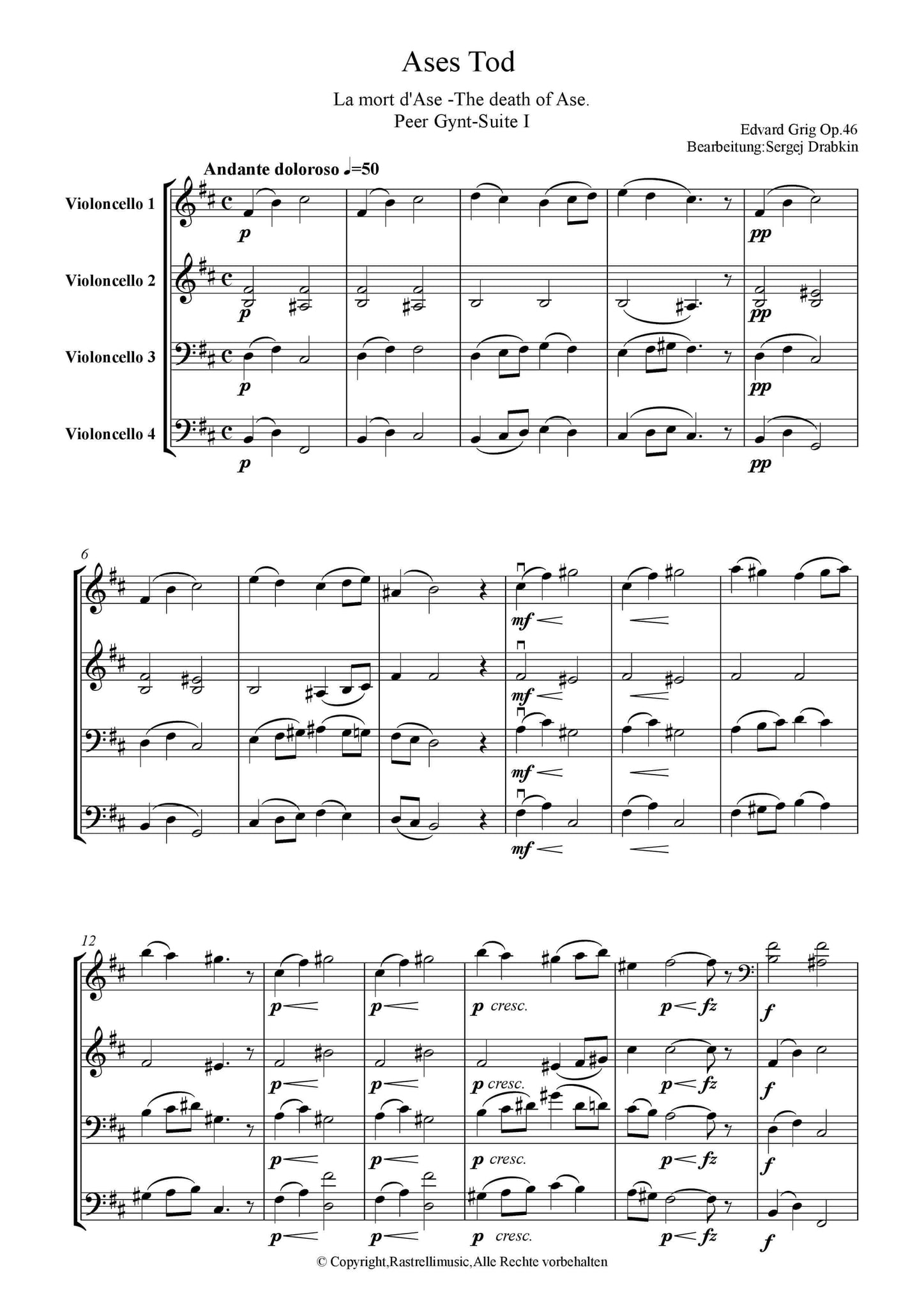 Musiknoten für Cello Quartett aus dem Stück Ases Tod Op.46 von Grieg, Edvard