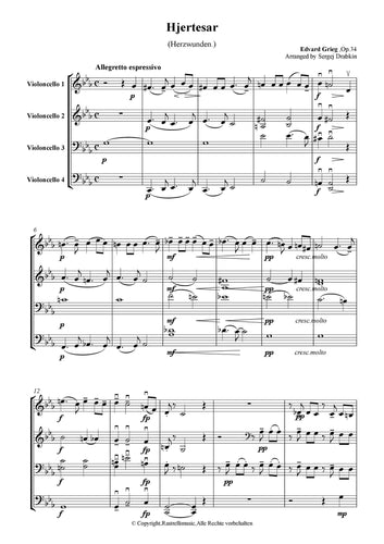 Musiknoten für Cello Quartett aus dem Stück Herzwunden Op.34 von Grieg, Edvard