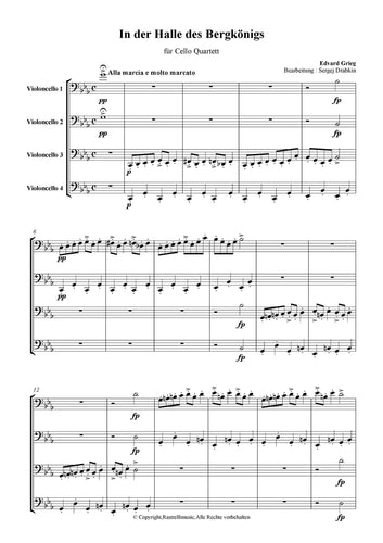Musiknoten für Cello Quartett aus dem Stück In der Halle des Bergkönigs Op.46 von Grieg, Edvard