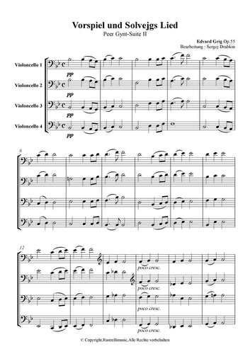 Musiknoten für Cello Quartett aus dem Stück Vorspiel und Solveig Song Op.55 von Grieg, Edvard