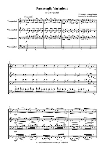 Musiknoten für Cello Quartett aus dem Stück Passacaglia Variation von Händel, Georg Friedrich 
