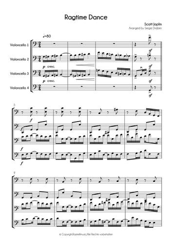 Musiknoten für Cello Quartett aus dem Stück Ragtime Dance von Joplin, Scott
