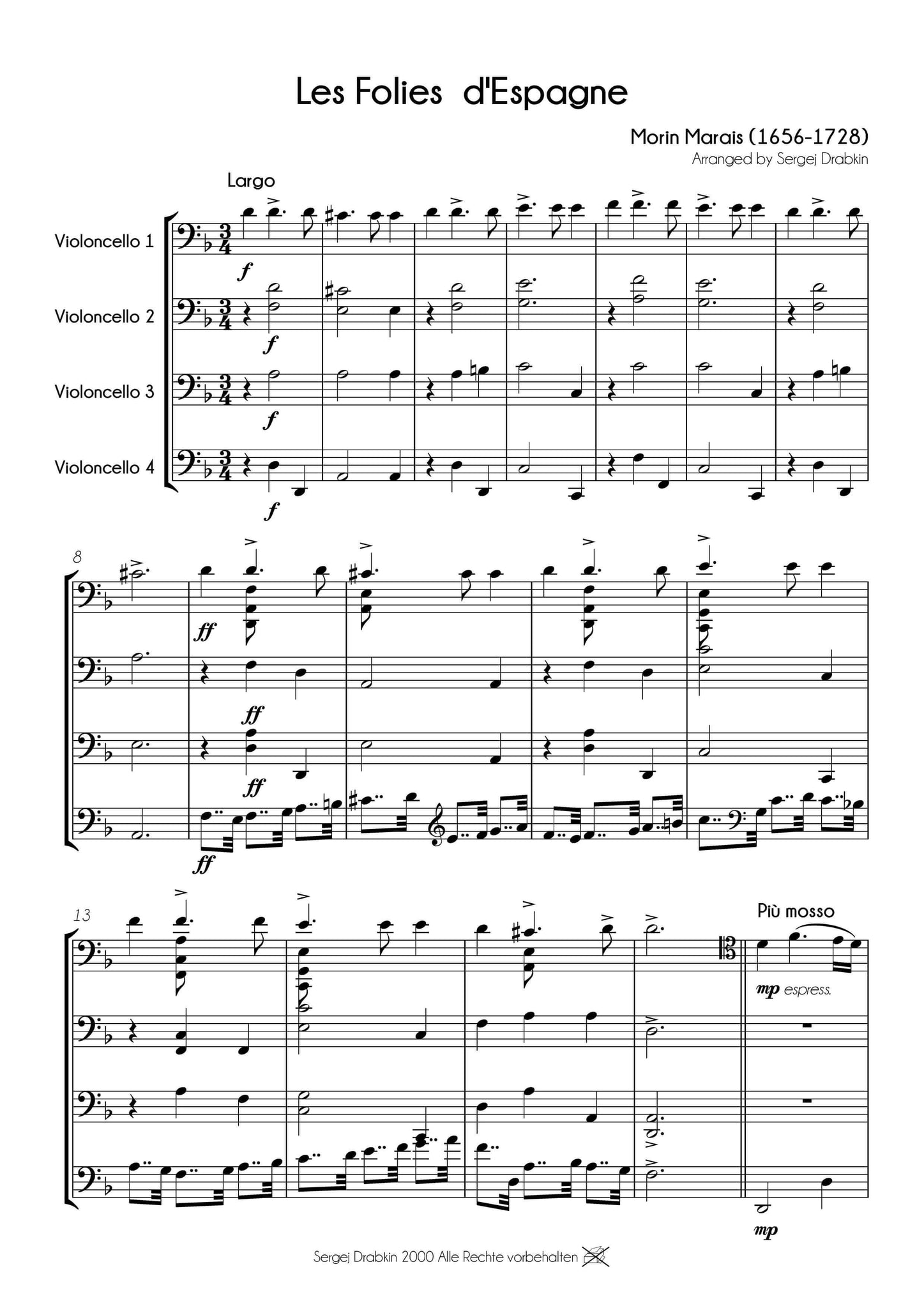 Musiknoten für Cello Quartett aus dem Stück Les Folies d'Espagne von Marais, Marin