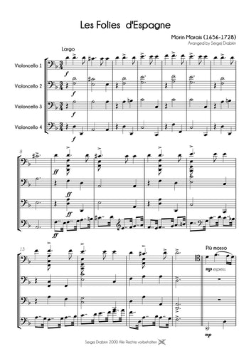 Musiknoten für Cello Quartett aus dem Stück Les Folies d'Espagne von Marais, Marin