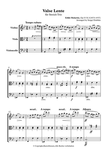 Musiknoten für Cello Quartett aus dem Stück Valse lente Op.53 von Melartin, Erkki