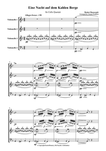 Musiknoten für Cello Quartett aus dem Stück Eine Nacht auf dem kahlen Berge von Mussorgski, Modest