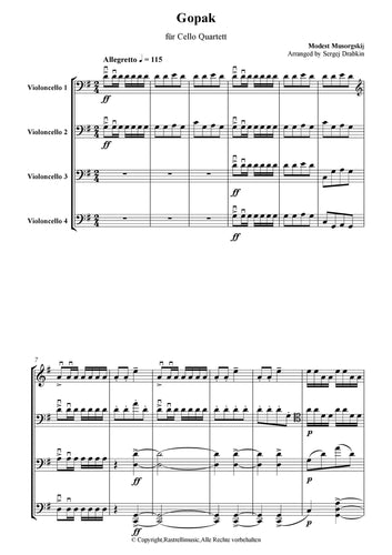 Musiknoten für Cello Quartett aus dem Stück Gopak von Mussorgski, Modest