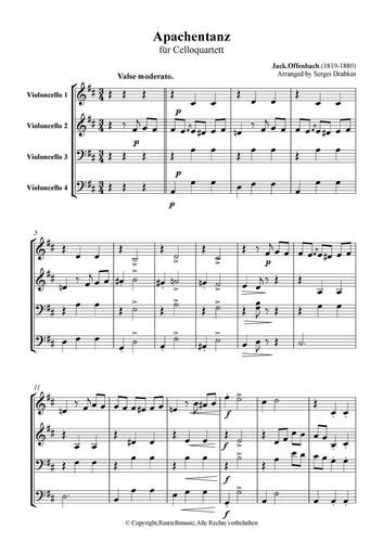Musiknoten für Cello Quartett aus dem Stück Apachentanz von Offenbach, Jacques