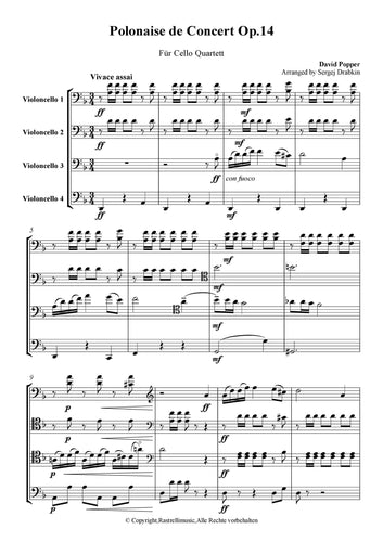 Musiknoten für Cello Quartett aus dem Stück Polonaise de Concert, Op.14 von Popper, David