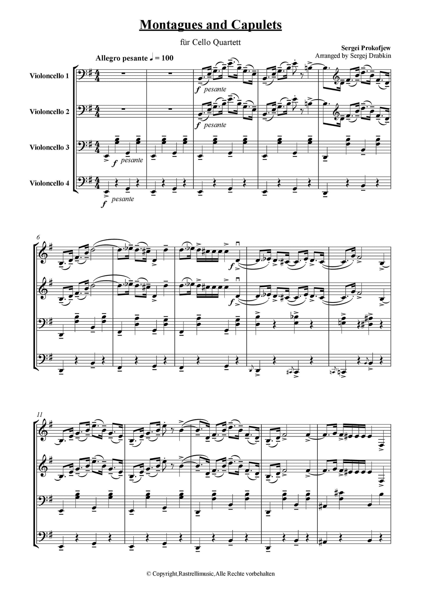 Musiknoten für Cello Quartett aus dem Stück Monteki und Capulets von Prokofjew, Sergei
