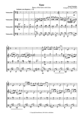 Musiknoten für Cello Quartett aus dem Stück Tanz der Antielischen Mädchen von Prokofjew, Sergei