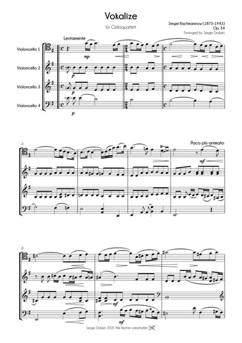 Musiknoten für Cello Quartett aus dem Stück Vocalise, Op. 34, No.14 von Rachmaninoff, Sergei