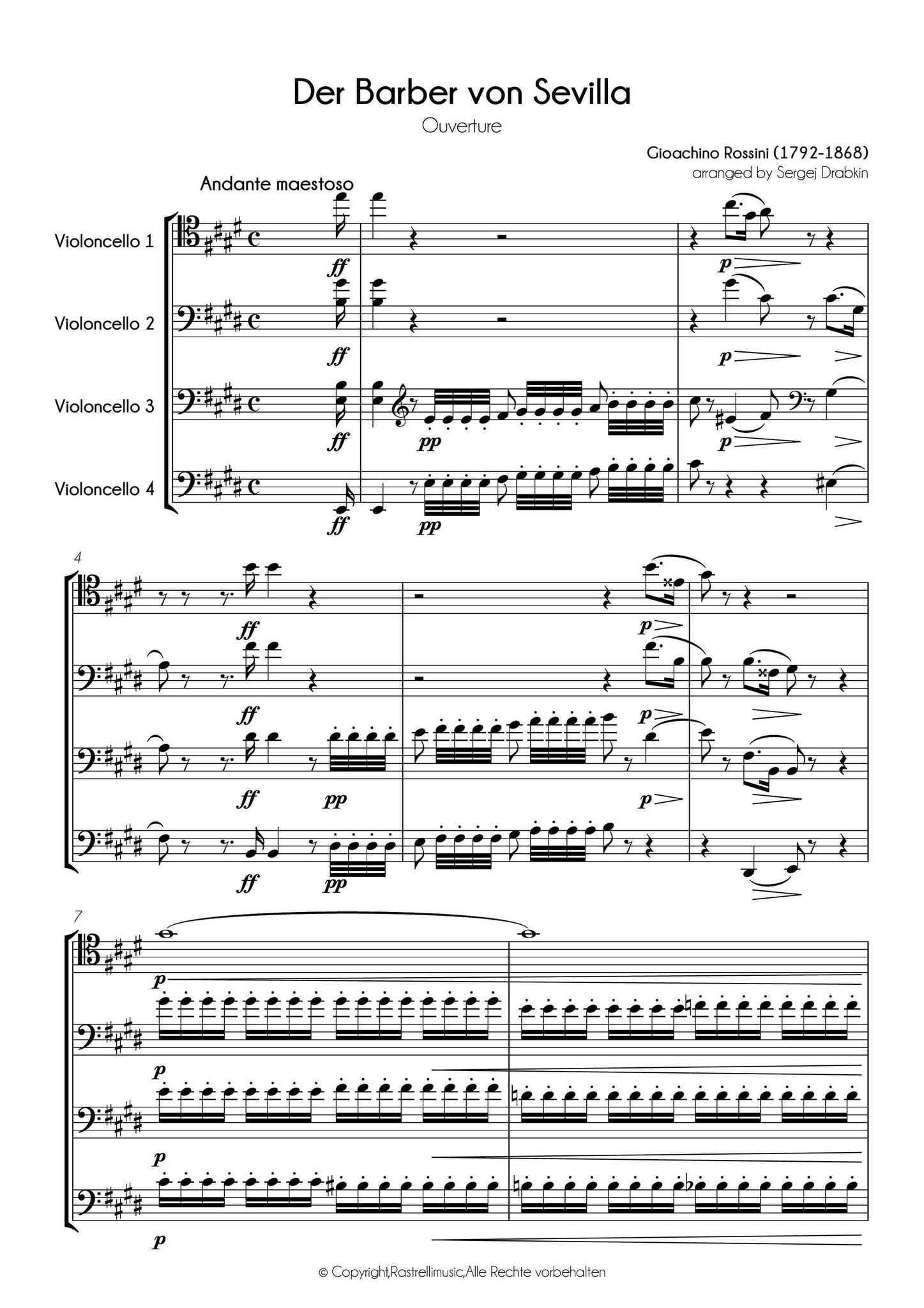Musiknoten für Cello Quartett aus dem Stück Der Barbier von Sevilla Ouvertüre von Rossini, Gioachino