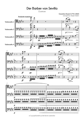 Musiknoten für Cello Quartett aus dem Stück Der Barbier von Sevilla Ouvertüre von Rossini, Gioachino