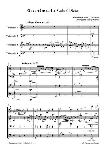 Musiknoten für Cello Quartett aus dem Stück Ouvertüre zu La Scala di Seta von Rossini, Gioachino