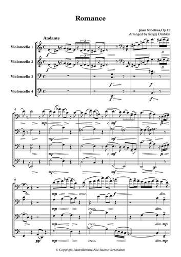 Musiknoten für Cello Quartett aus dem Stück Romance, Op.42 von Sibelius, Jean